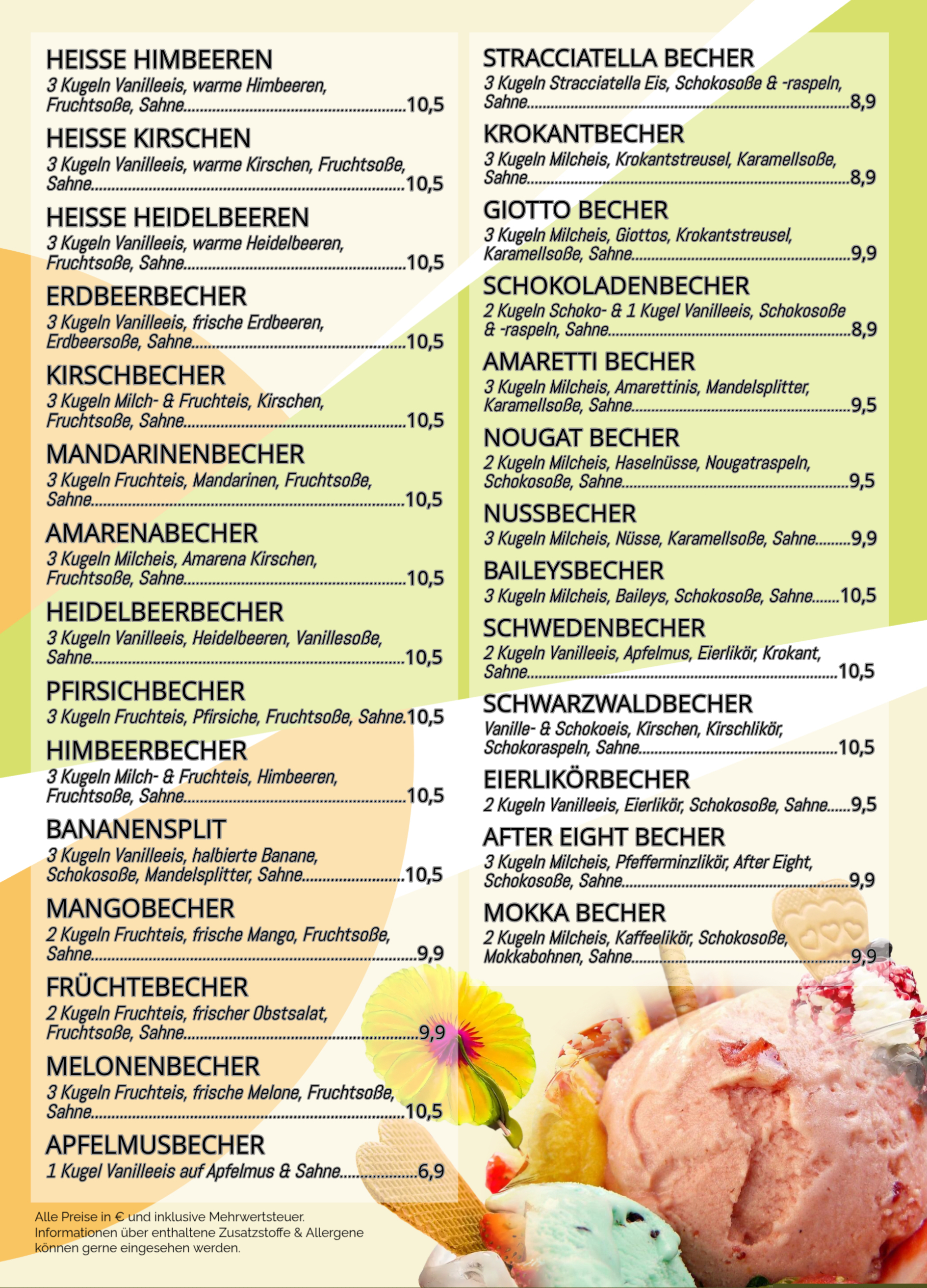 Eisbecherkarte Seite 2 mit Früchte-, Schoko-, Nuss- und Likörbechern